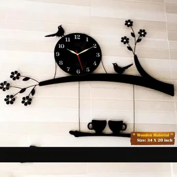 Birds Style Clock I Wooden Material Beautifull For Bedroom Wall