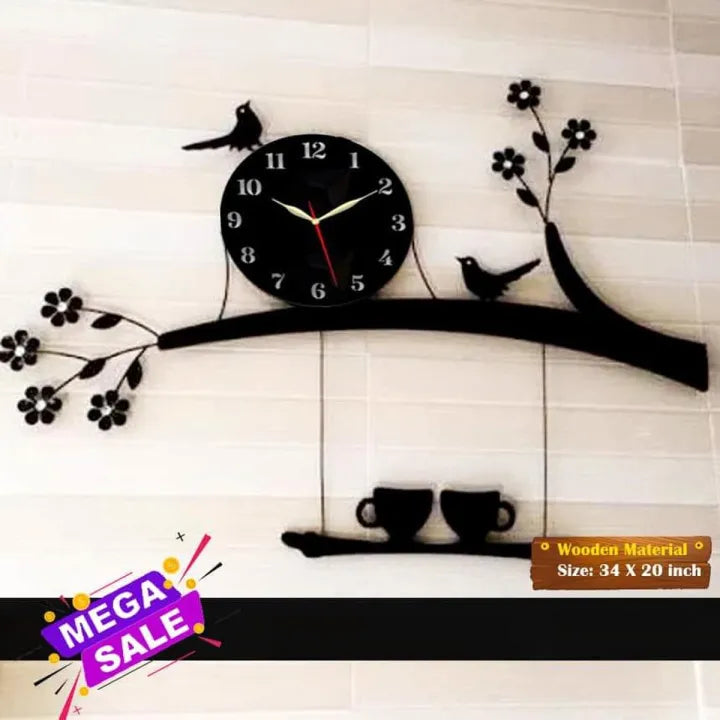 Birds Style Clock I Wooden Material Beautifull For Bedroom Wall